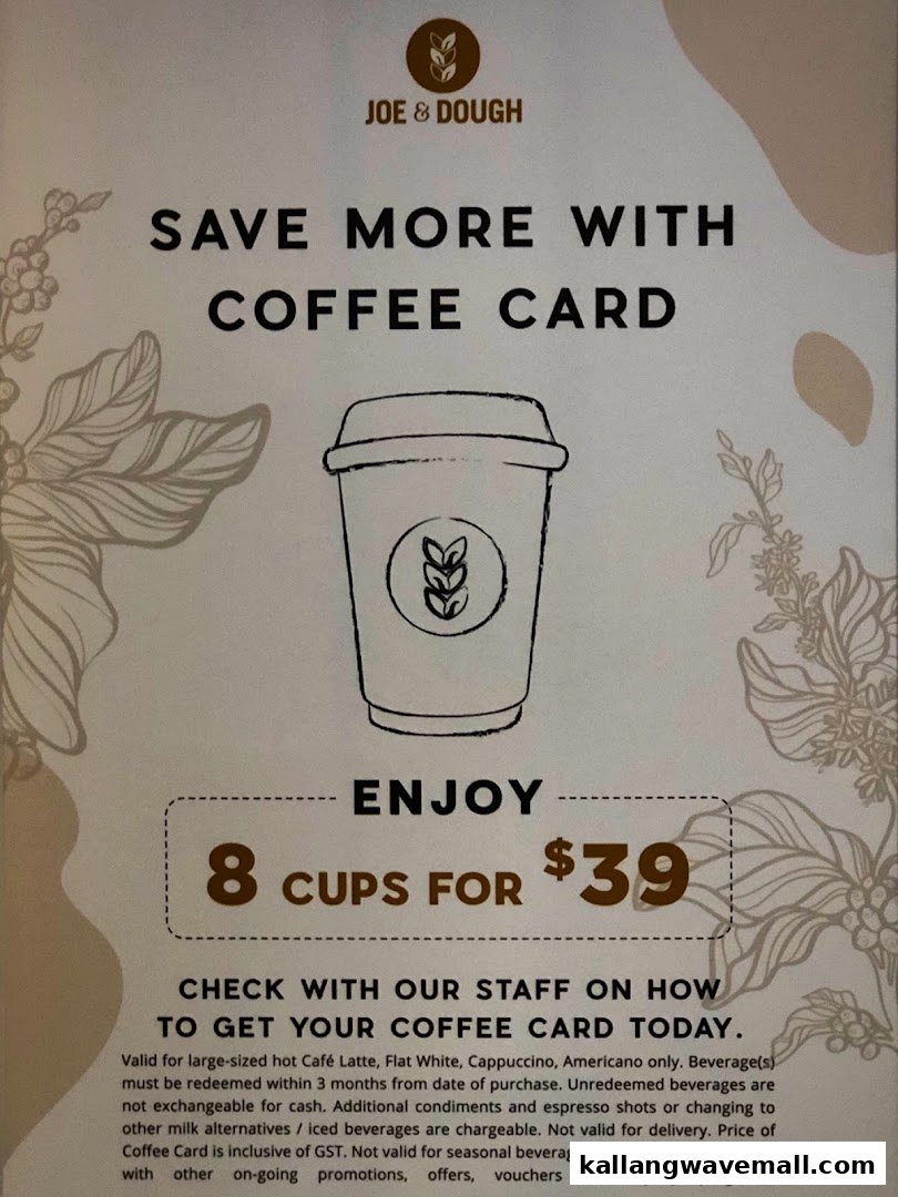 A promotional poster for Joe & Dough's coffee card, offering 8 large coffees for $39.