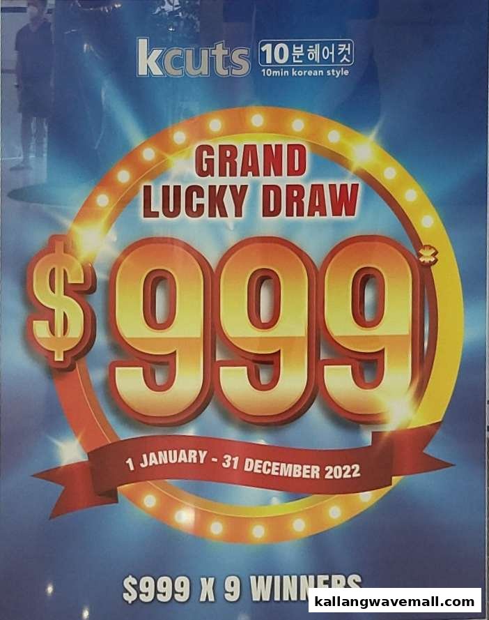 A promotional poster for kcuts' Grand Lucky Draw, offering a chance to win $999.