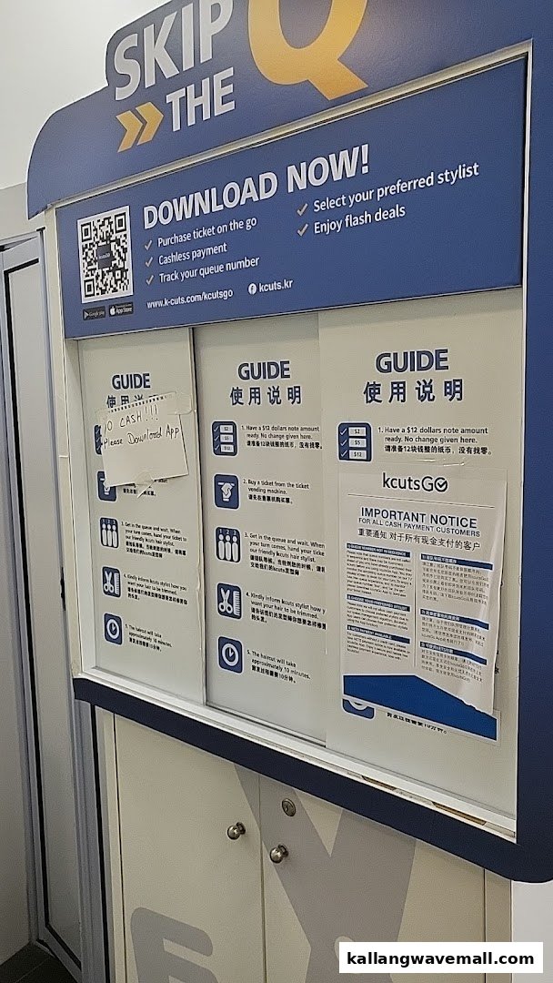 An information kiosk for kcuts, detailing app features, queue management, and cashless payment instructions.