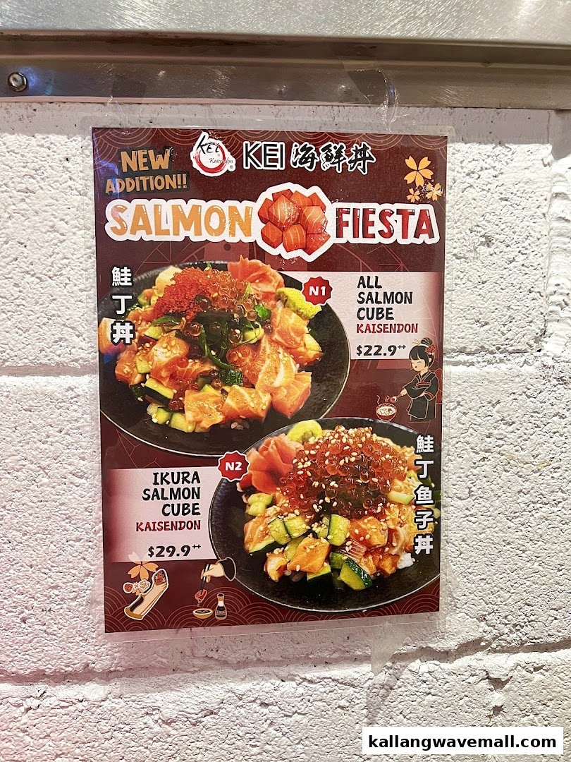 A promotional poster for Kei Kaisendon's 'Salmon Fiesta' featuring two salmon cube kaisendon dishes.