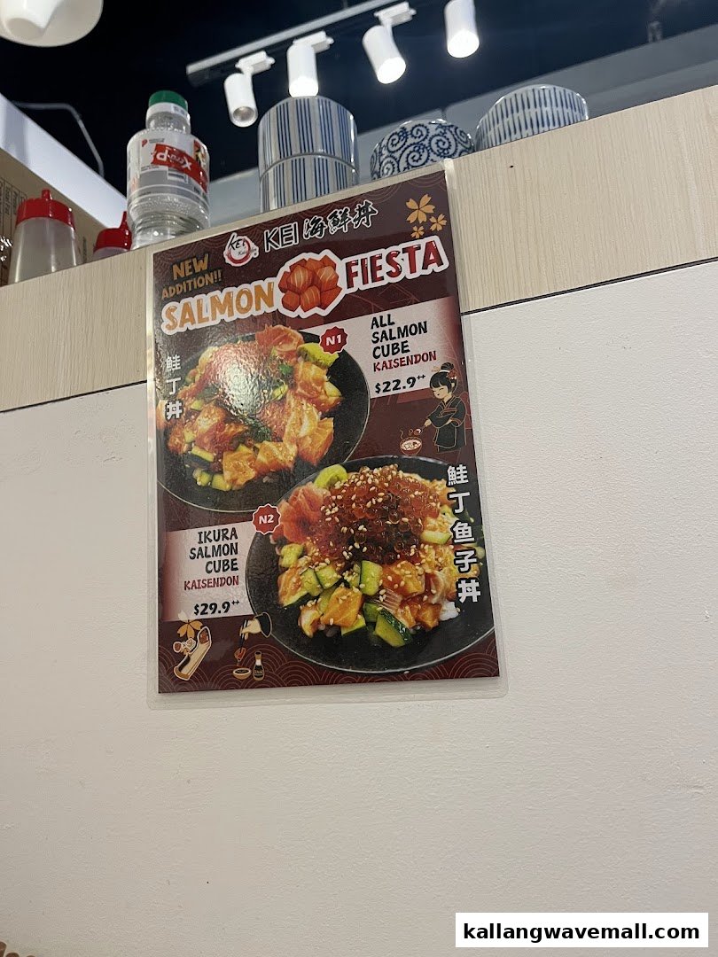A menu board displaying salmon and ikura kaisendon dishes with prices.
