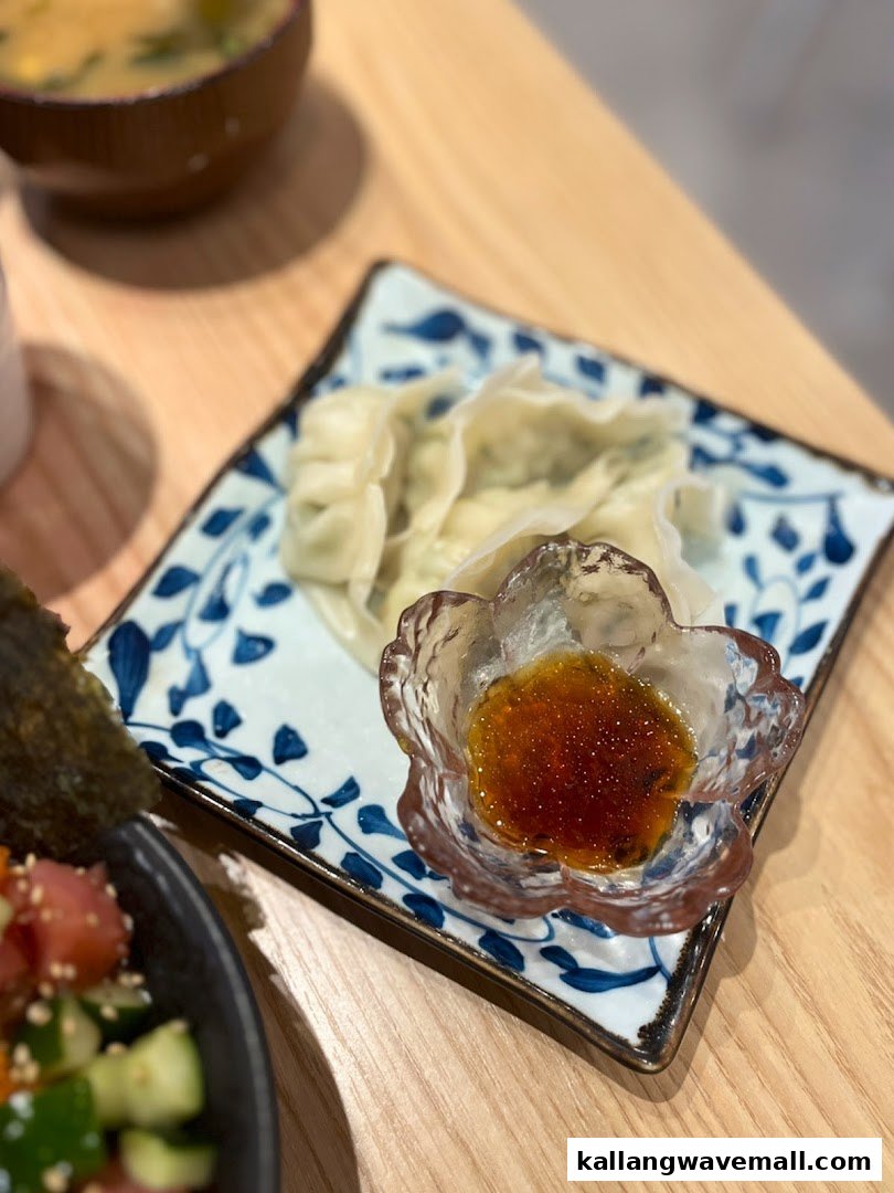 A close-up of delicious Japanese gyoza dumplings with dipping sauce on a patterned plate.