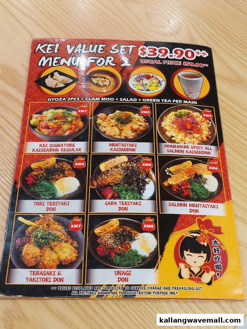 A menu displaying Kei Kaisendon's value set for two, featuring various Japanese rice bowls.
