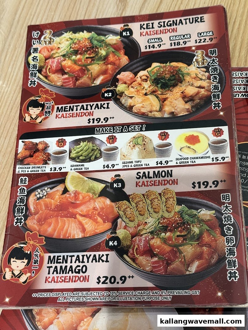 A vibrant menu displaying various Kaisendon bowls and set meal add-ons from Kei Kaisendon.