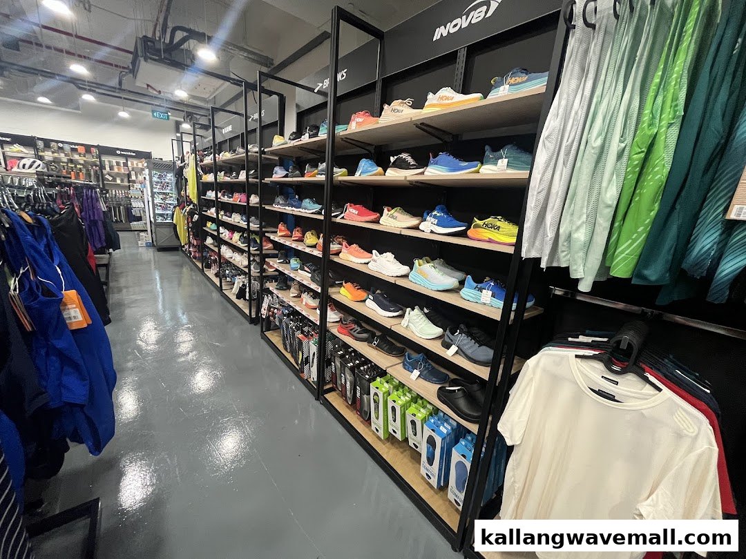 Interior view of Key Power Sports, showcasing a wide selection of running shoes and athletic apparel.