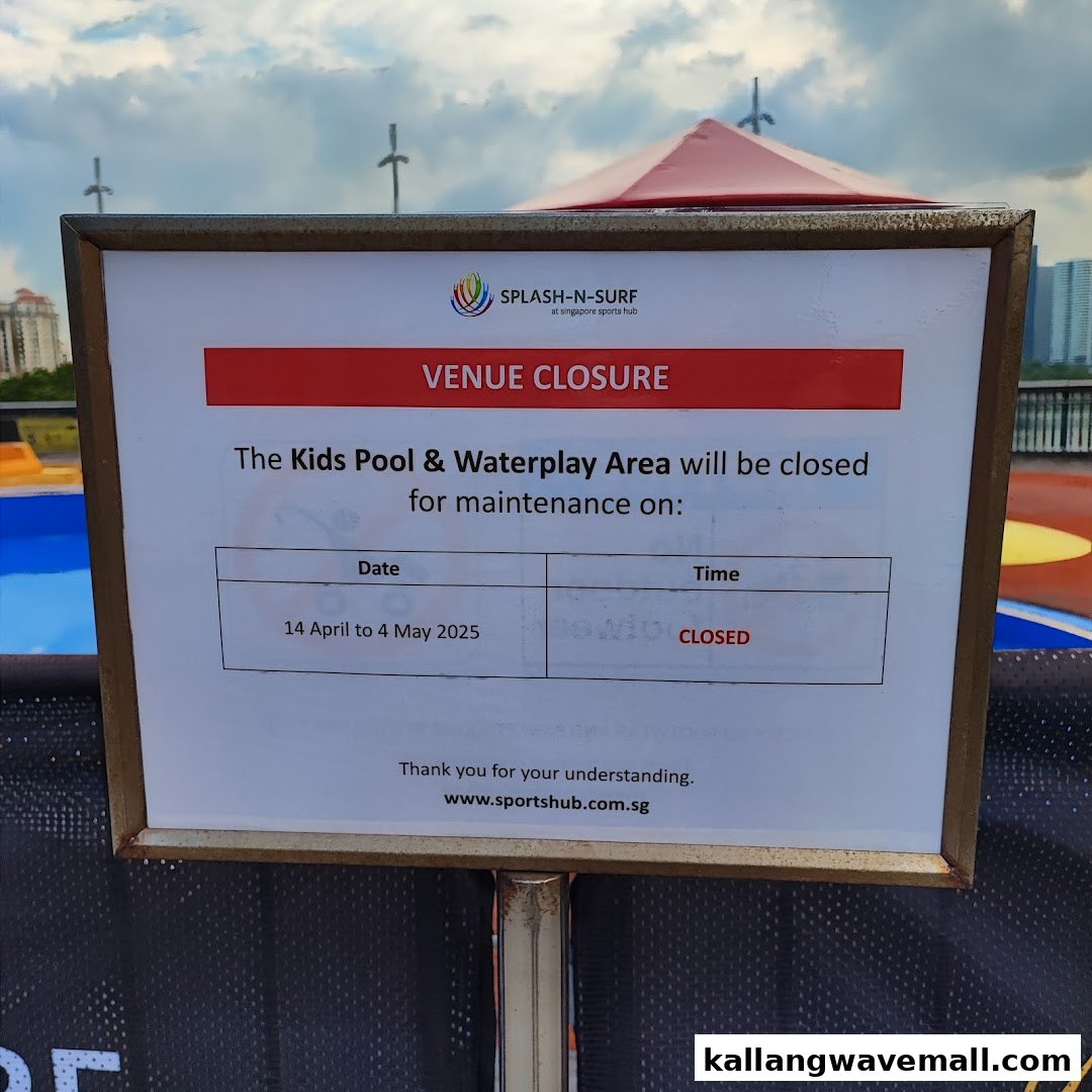 A sign announcing the temporary closure of the Kids Pool & Waterplay Area for maintenance.