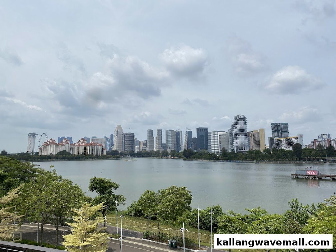 A panoramic view of a modern city skyline across a calm lake with lush greenery in the foreground.