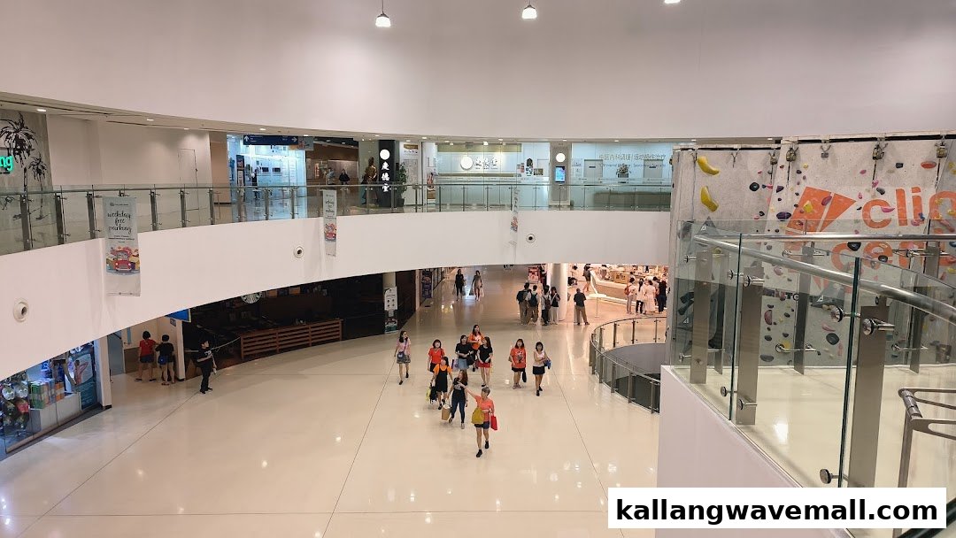 An overhead view of a bustling multi-level shopping mall interior with various shops and visitors.