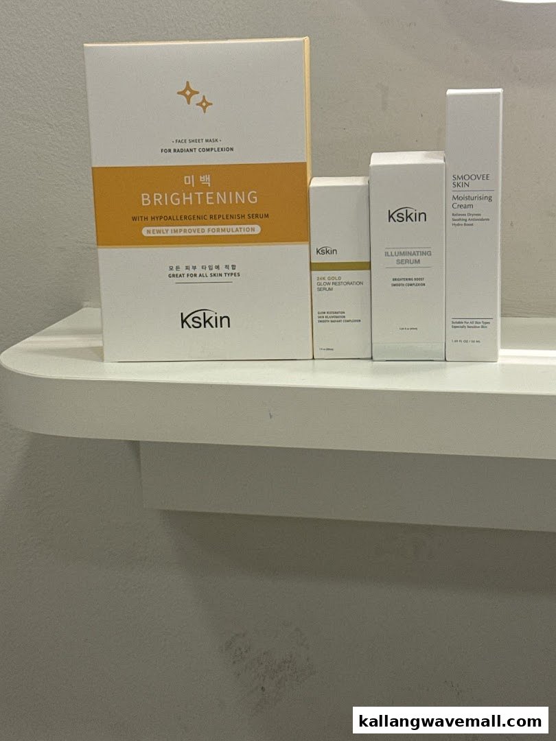 A display of Kskin Korean skincare products, including brightening masks, serums, and moisturising cream.
