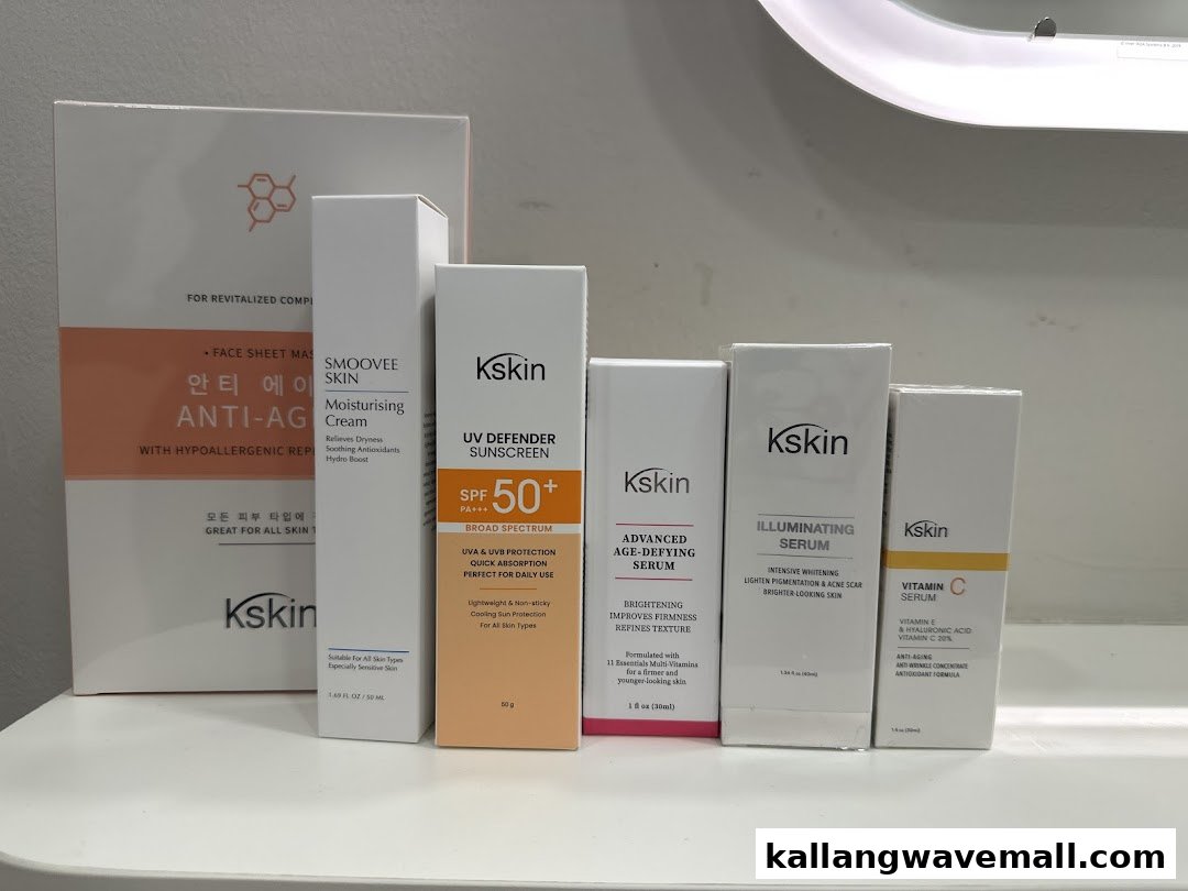 A display of Kskin skincare products including serums, sunscreen, and moisturizers.
