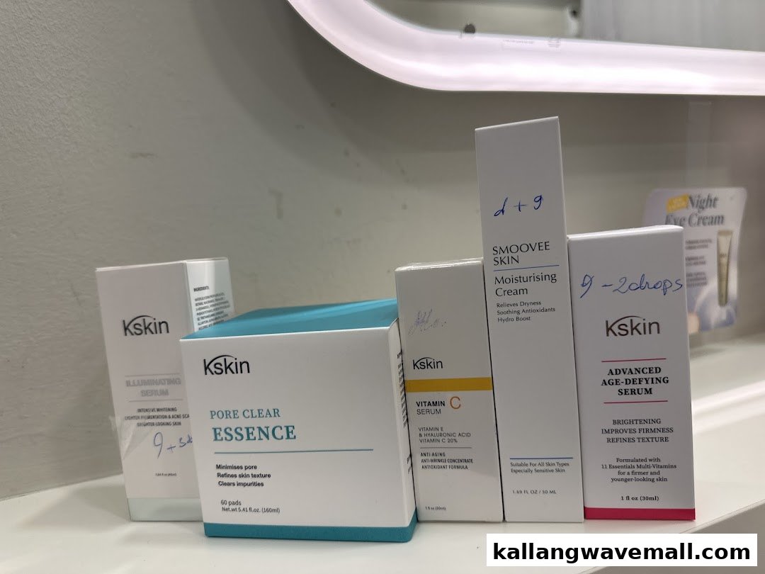 A display of Kskin skincare products including serums, essence, and moisturising cream.