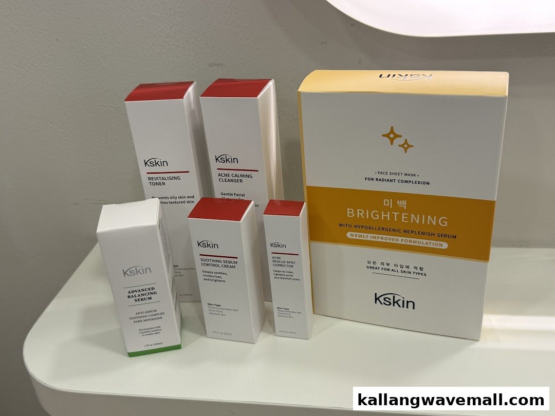A display of Kskin Korean skincare products, featuring various facial care items.