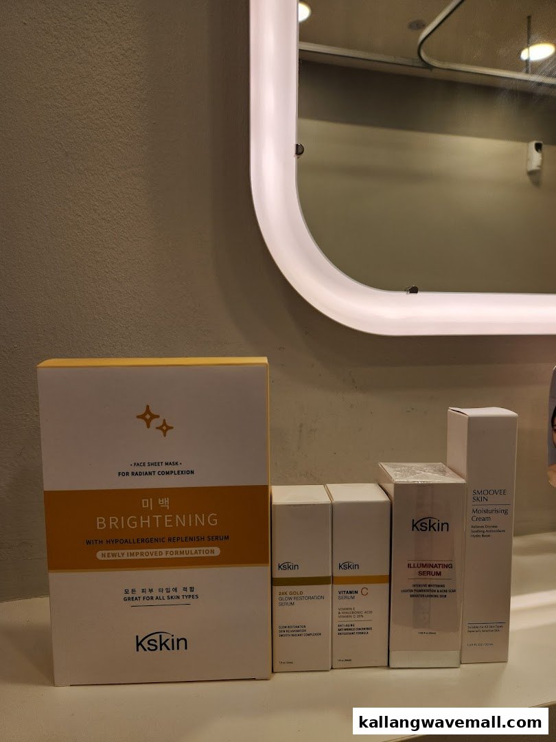 A display of Kskin skincare products, including serums, masks, and moisturizers, on a counter.