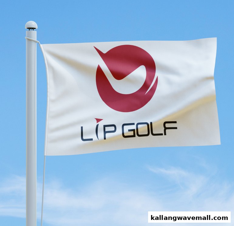 A white flag featuring the red Lip Golf logo and black text, set against a clear blue sky.