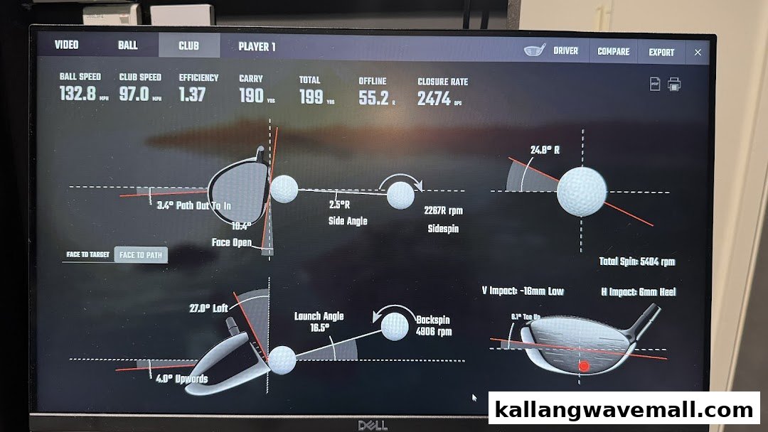 A monitor displays detailed golf swing analysis data, including ball speed, club path, and spin.