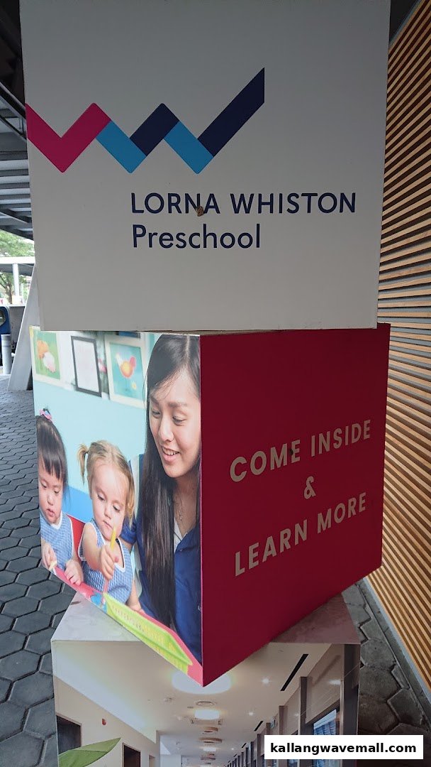 A promotional display for Lorna Whiston Preschool featuring children, a teacher, and an invitation to learn more.