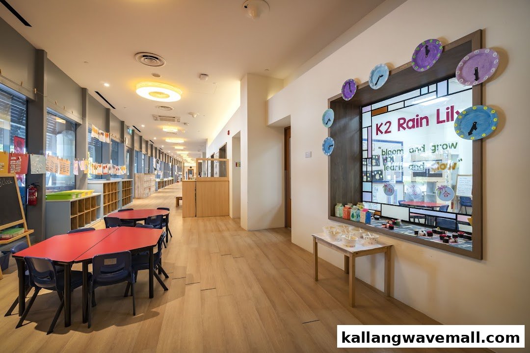 A bright, spacious preschool hallway featuring classrooms, children's artwork, and learning areas.