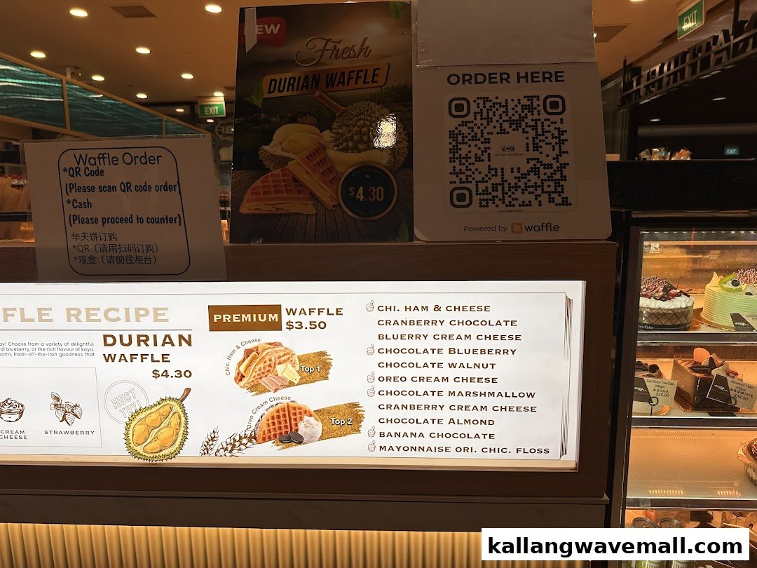 A vibrant menu display showcasing various waffle flavors and ordering options, including a QR code.
