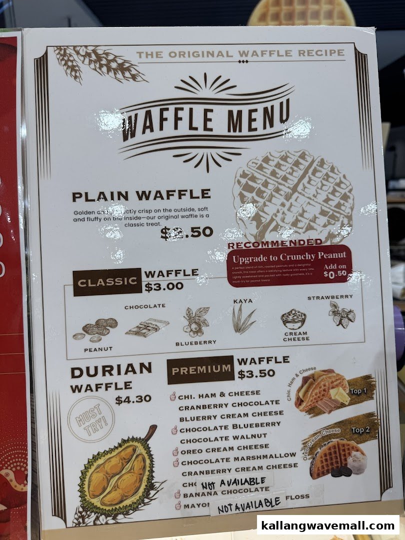 A detailed menu board showcasing various waffle types and flavors, including classic, premium, and specialty options.