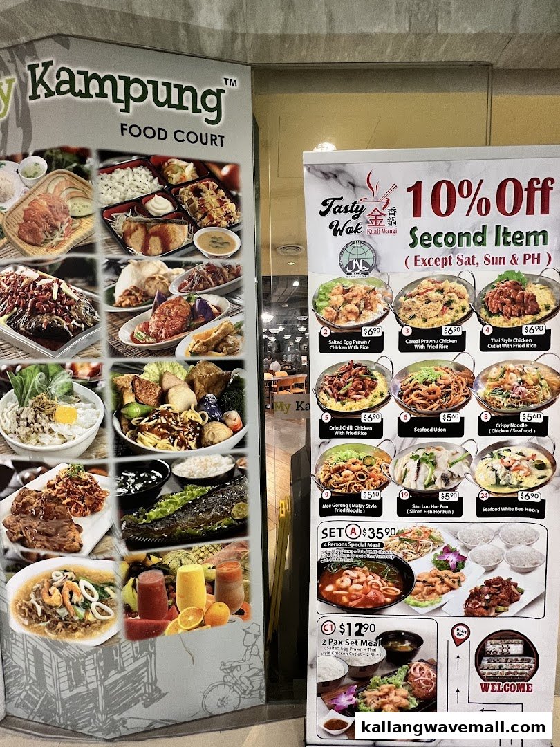 Two large promotional banners for My Kampung Food Court and Tasty Wok, featuring various Asian dishes and a discount.