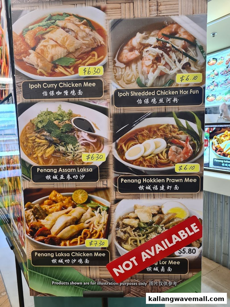 A vibrant menu board showcasing various Malaysian noodle dishes with prices and images.