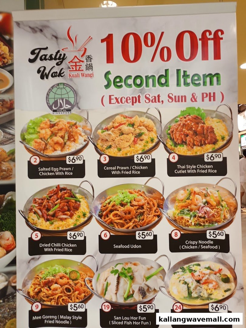 A vibrant menu board showcasing various Asian dishes with prices and a 10% off promotion.