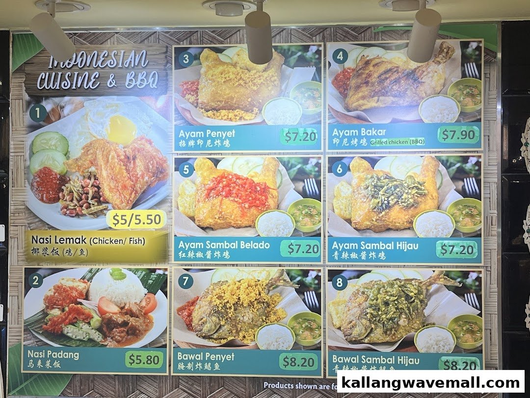 A vibrant menu board showcasing various Indonesian cuisine and BBQ dishes with prices and images.