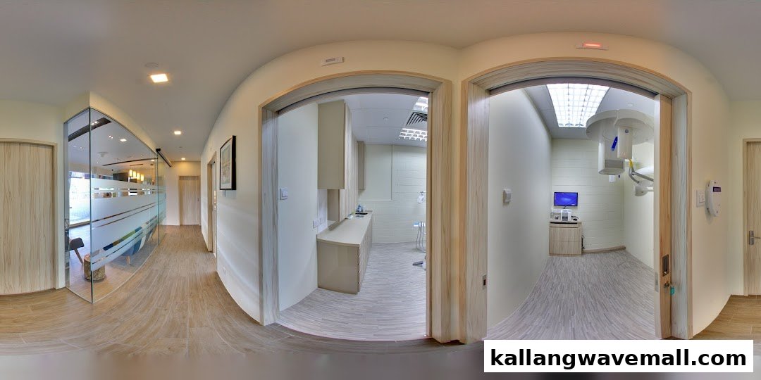 A panoramic view of a modern dental clinic interior, featuring a hallway, treatment rooms, and advanced equipment.