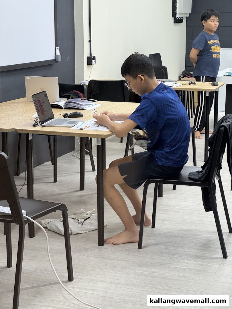 A young boy works on a robotics project at a table with a laptop, another boy stands nearby.