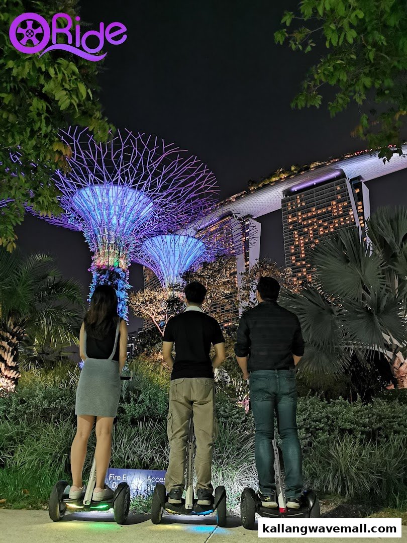 Three people on mini segways admire the illuminated Supertrees and Marina Bay Sands at night.