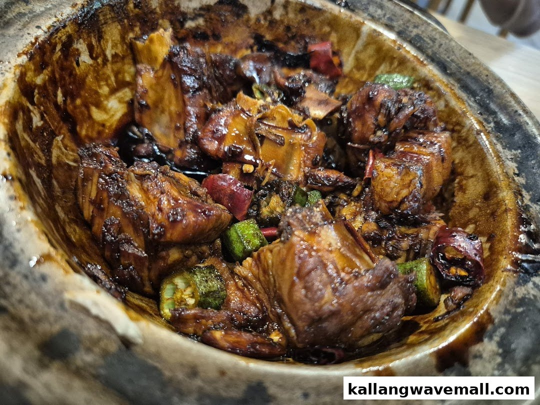 A close-up of a savory claypot dish with dark sauce, tender meat, and vegetables.