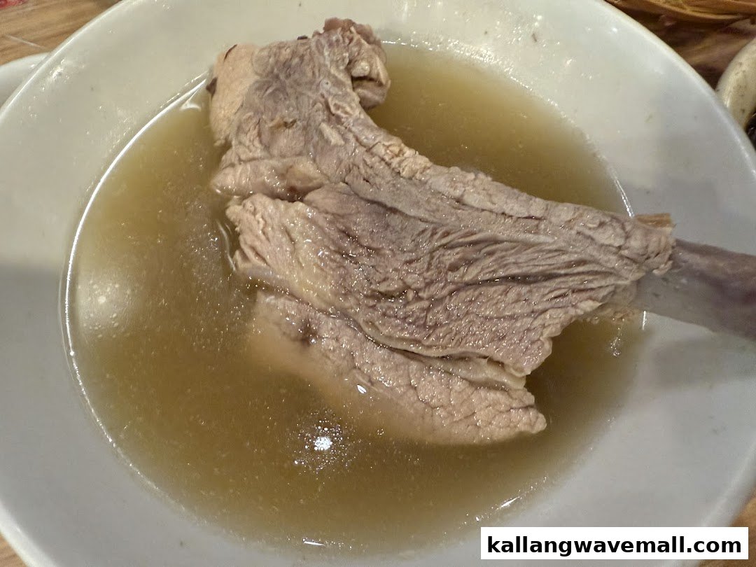 A close-up of a hearty bowl of Bak Kut Teh with tender pork ribs in a flavorful broth.