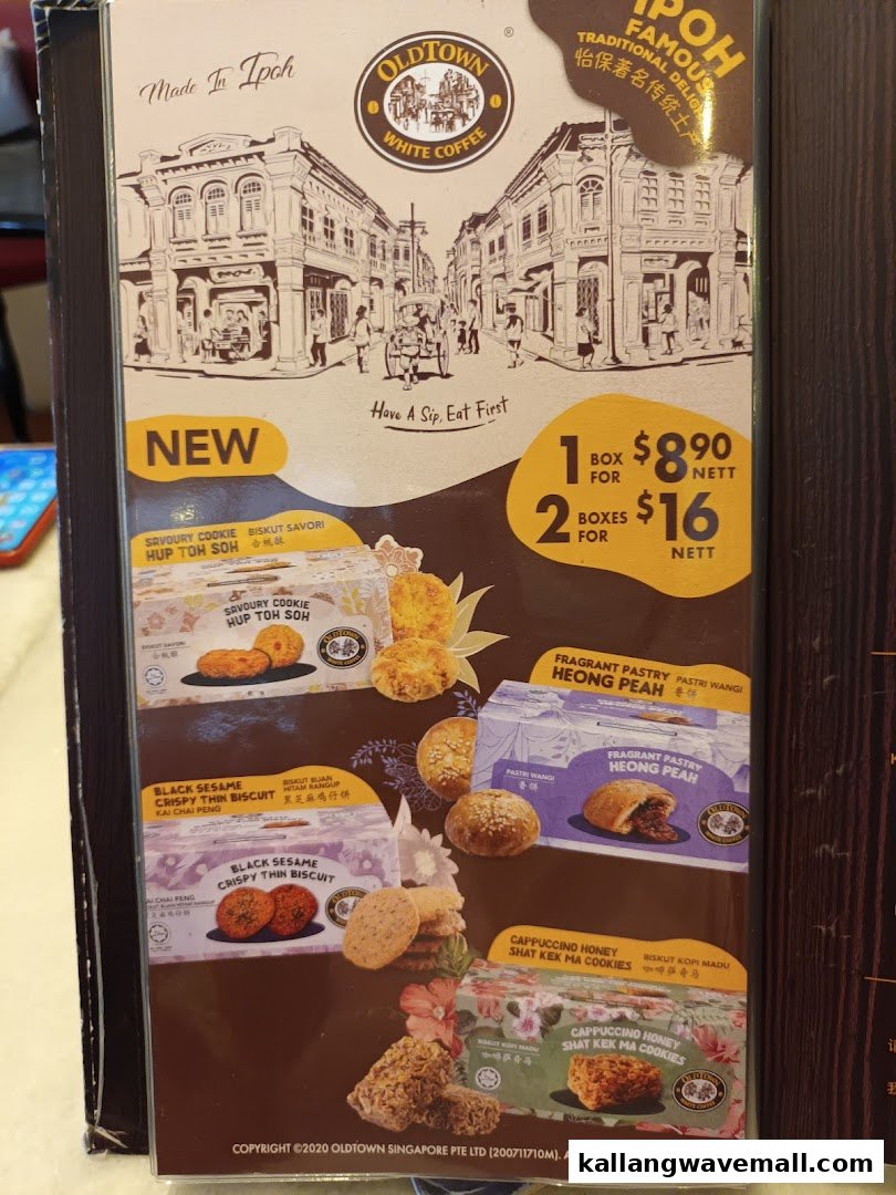 A menu displaying Oldtown White Coffee's traditional Ipoh snacks and pastries with a special offer.