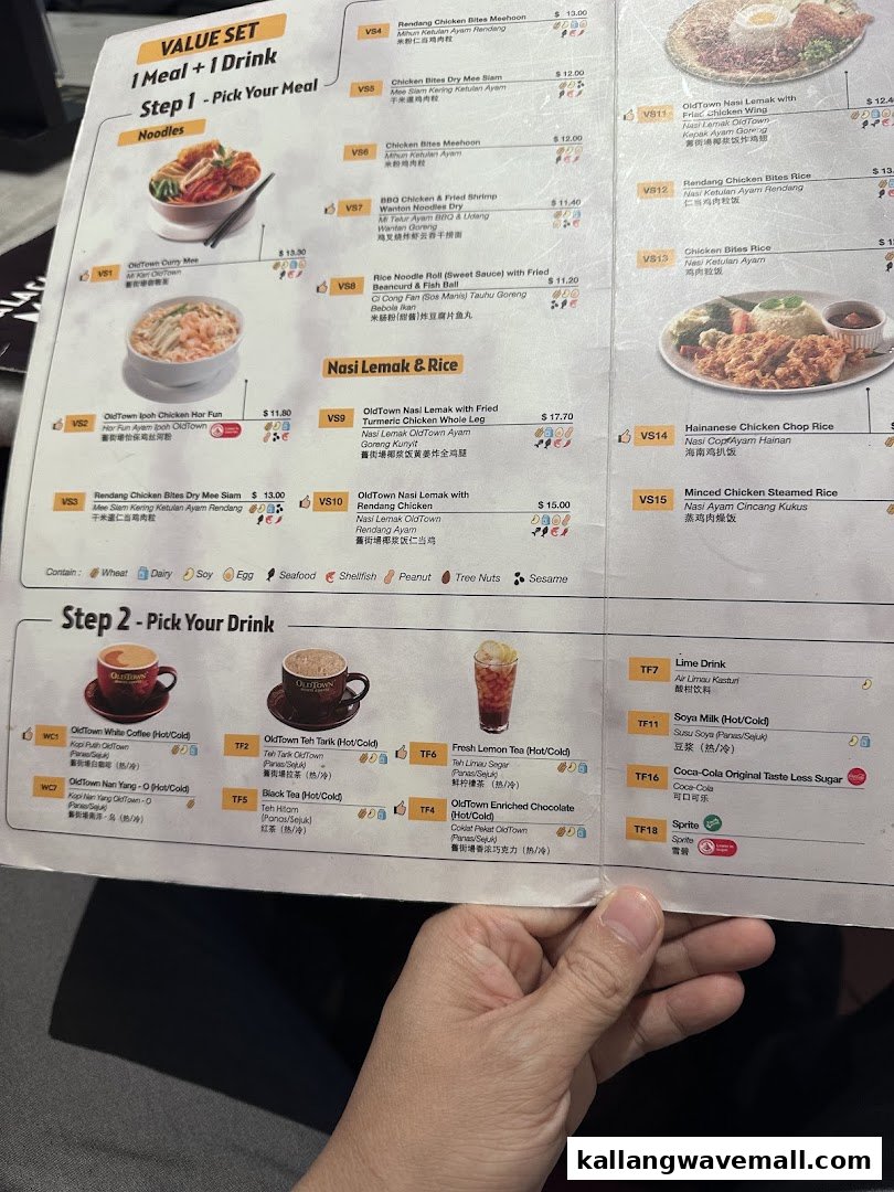 A detailed menu from Oldtown White Coffee, showcasing value sets with various noodle, rice, and drink options.