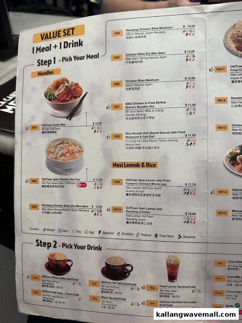A detailed menu from Oldtown White Coffee, showcasing value sets with noodles, nasi lemak, and drink options.