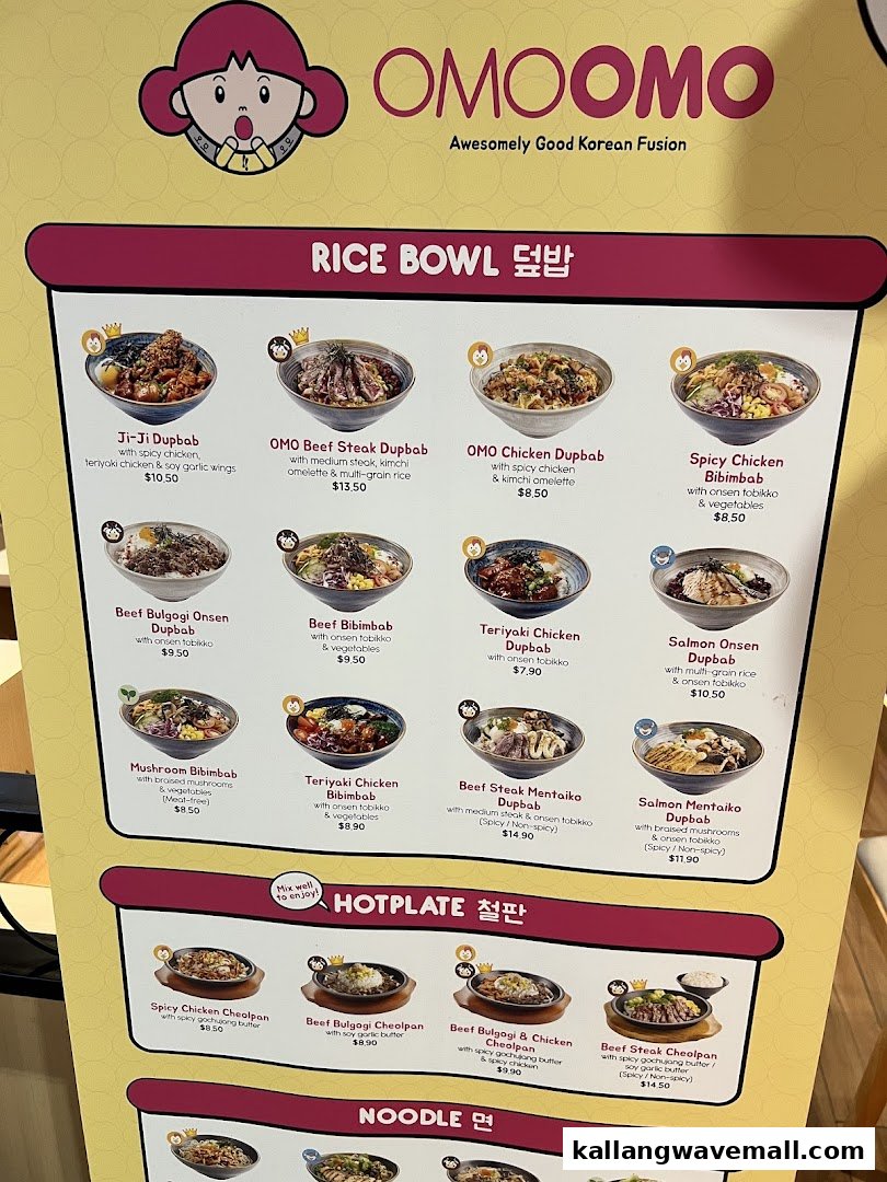 A detailed menu board from OMOOMO featuring various Korean fusion rice bowls, hotplates, and noodles.