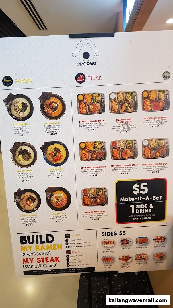 A detailed menu board for OMOOMO, showcasing ramen, steak, and side dishes with prices.