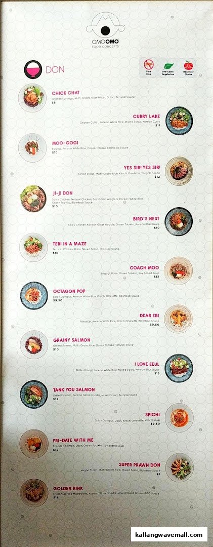A detailed menu board from OMOOMO Food Concepts, showcasing a variety of Korean-inspired rice bowls and noodles.