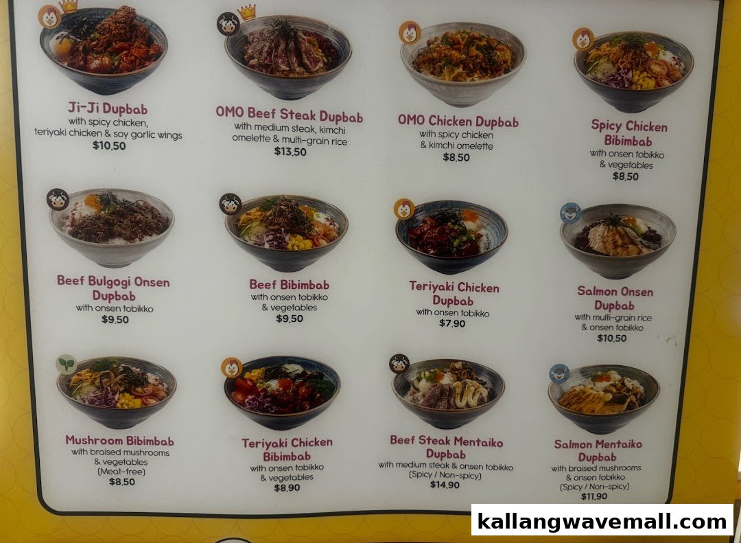 A vibrant menu board showcasing various Korean-inspired rice bowls with images and prices.