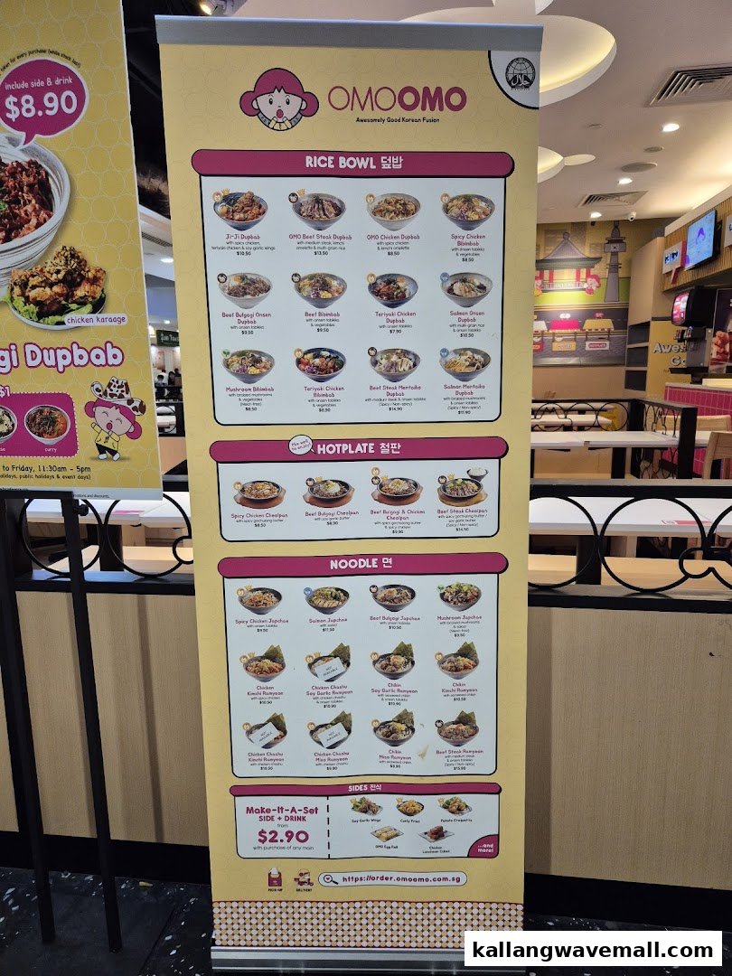 A large standee displaying OMOOMO's extensive Korean fusion menu with various rice bowls, hotplates, and noodles.
