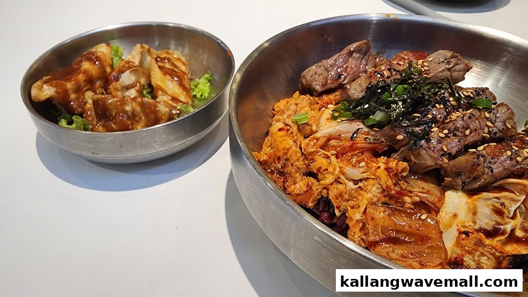 Two delicious Korean-style bowls, one with grilled meat and kimchi, the other with chicken.