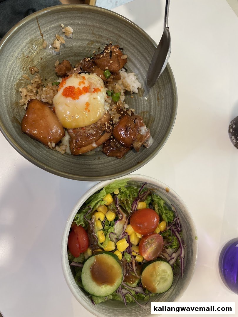 Two bowls of food: one with chicken, rice, and egg, and another with a fresh salad.