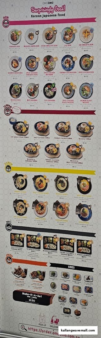 A comprehensive menu board displaying various Korean and Japanese food items with prices and categories.