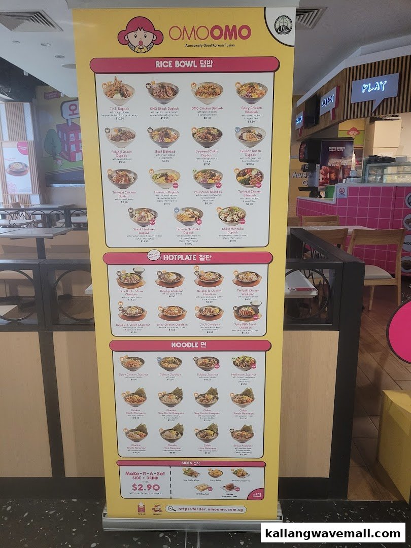 A large standee displaying OMOOMO's Korean fusion menu with rice bowls, hotplates, and noodles.