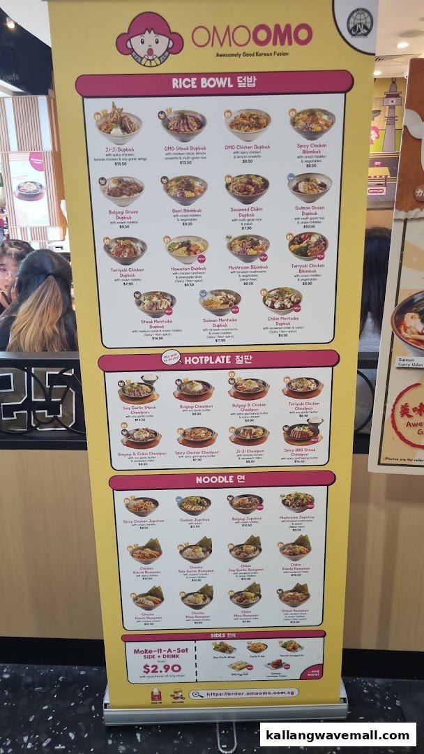 A vibrant menu board showcasing OMOOMO's Korean fusion rice bowls, hotplates, and noodles.