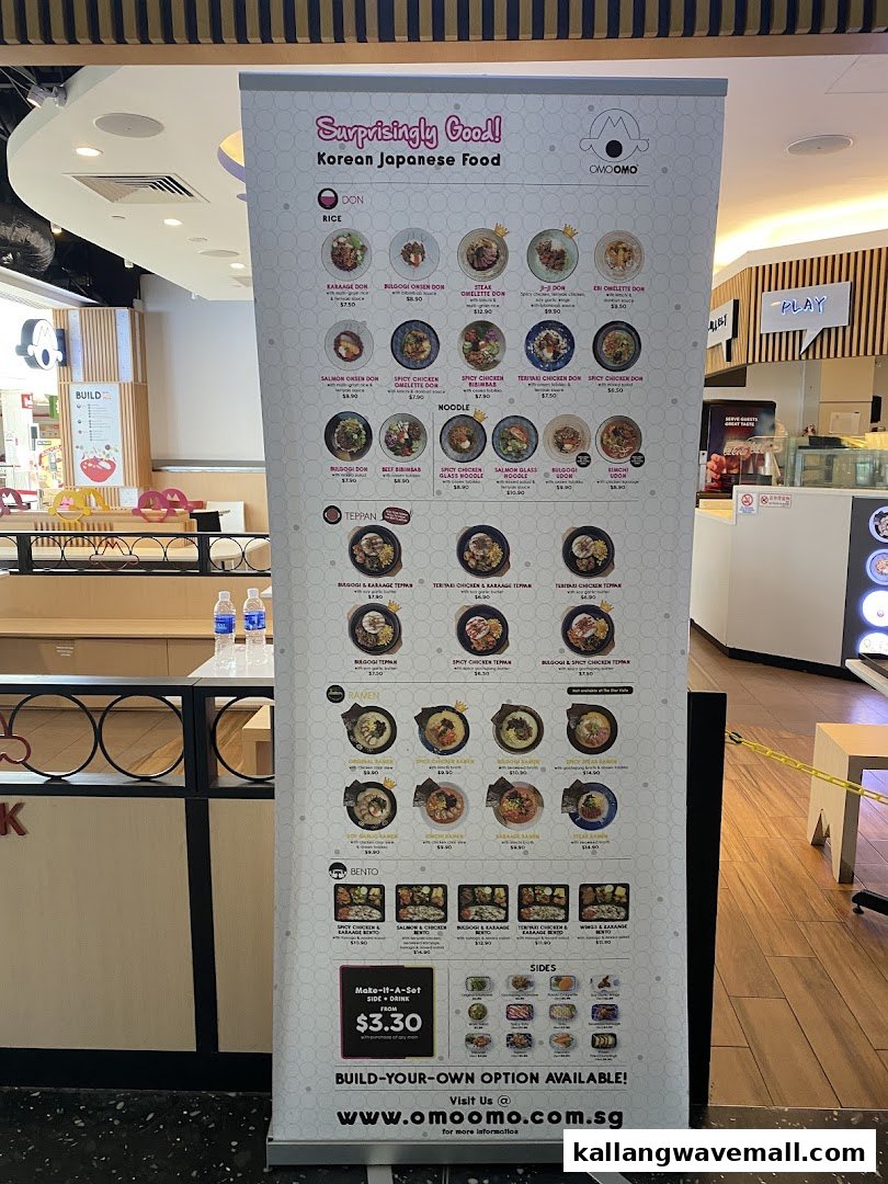 A large menu banner for OMOOMO, featuring Korean Japanese rice bowls, noodles, teppan, ramen, and bentos.