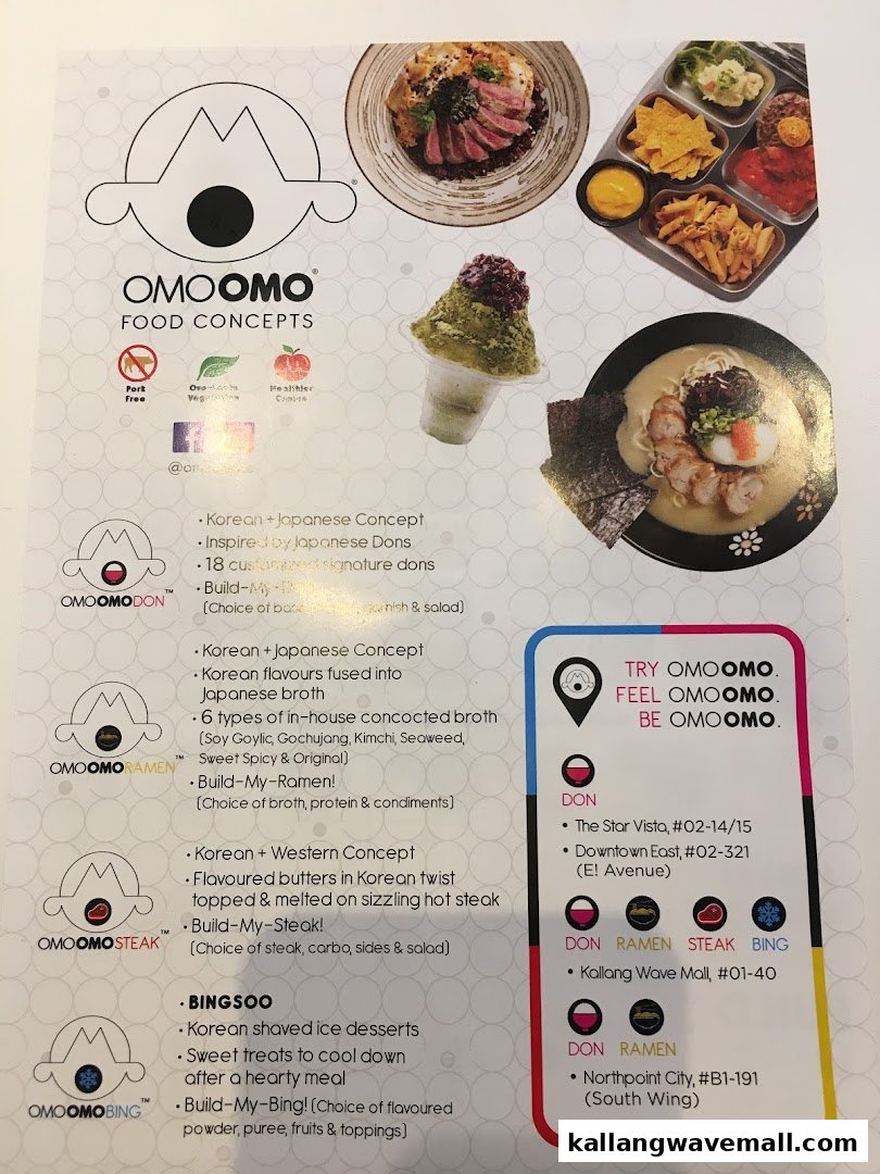 A promotional menu showcasing OMOOMO's diverse Korean and Japanese food concepts and locations.