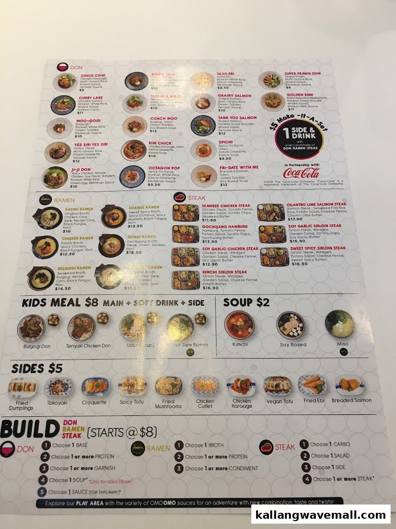 A comprehensive menu board displaying various Don, Ramen, Steak, Kids Meals, Soups, and Sides.