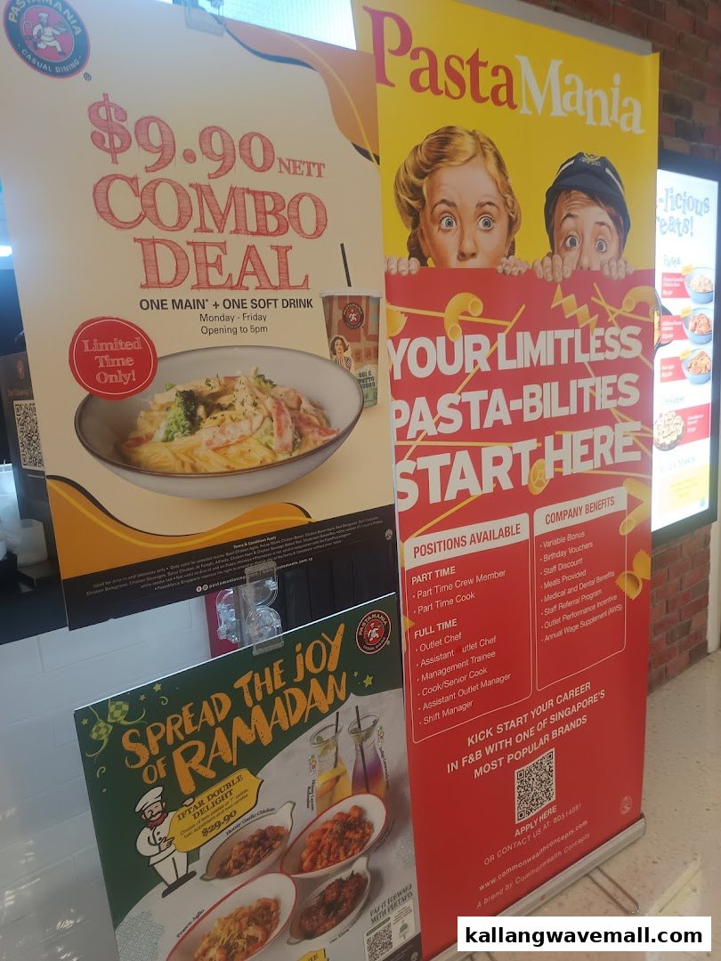 Promotional banners for PastaMania, featuring a combo deal, Ramadan offer, and career opportunities.