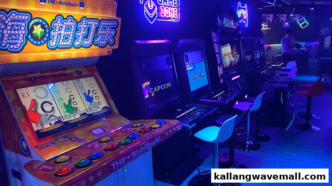 A vibrant arcade interior featuring various gaming machines, including 'The BishiBashi', illuminated by neon lights.